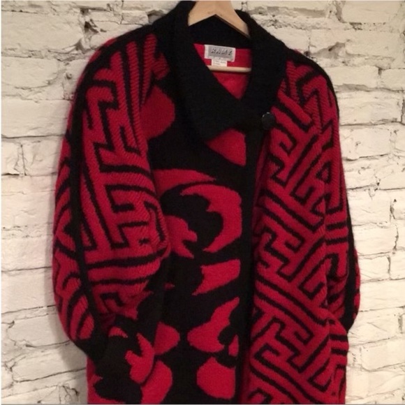 Vintage Wool / Mohair Red & Black Italian Designer Sweater Coat by “RAMY” - Picture 4 of 9